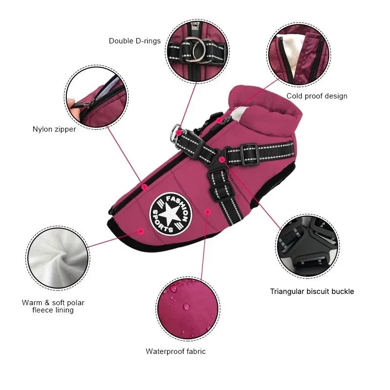 Waterproof Winter Dog Jacket with Built-In Harness – Warm Coat for Small and Large Dogs